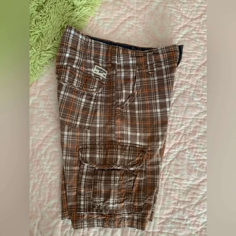 OshKosh B'Gosh Shorts Boys 7X Brown Plaid Cargo Flat Front Pockets Adjustable